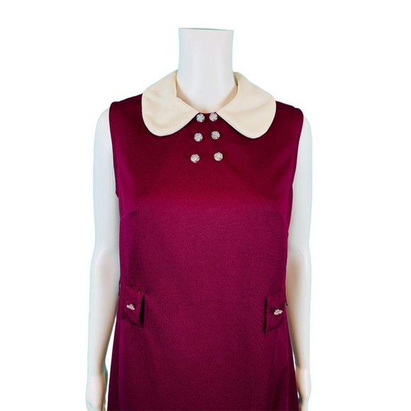 Vintage 1960s Mod Dress Maroon Peter Pan Collar | B 37" - Picture 3 of 10